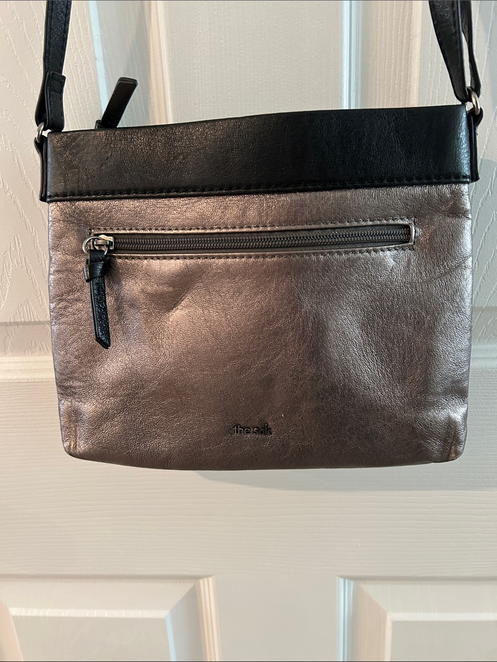 The Sak Metallic Silver Crossbody with Black Trim